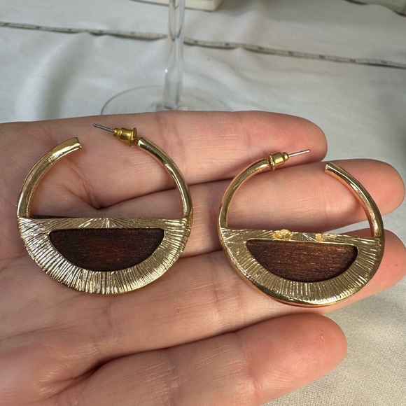 MCM goldtone and wood open hoop earrings - Picture 6 of 6